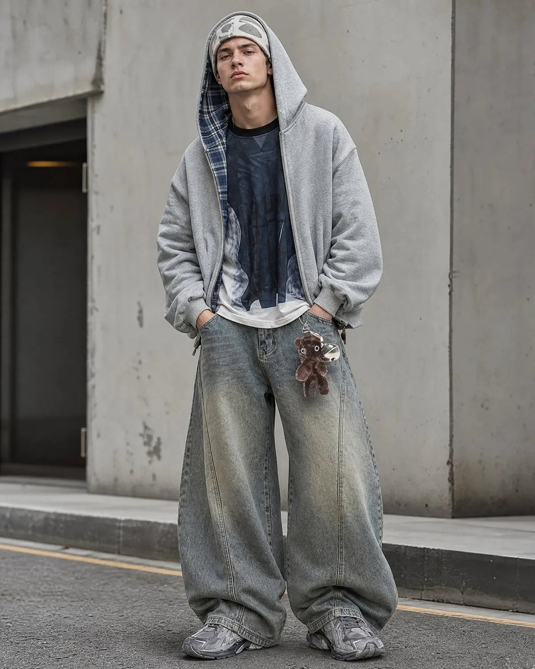 Men's grey reversible hooded jacket with plaid lining and front zip