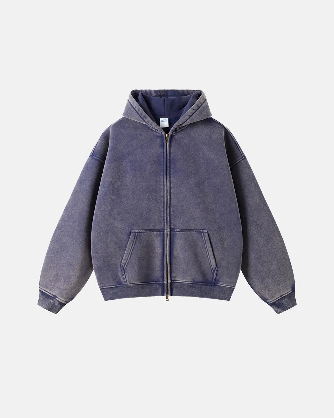 Washed distressed zip-up hoodies with hoods, long sleeves and front pouch pockets