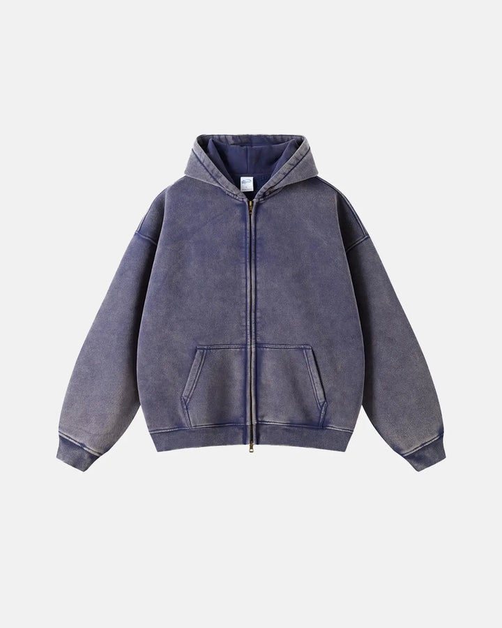 Washed distressed zip-up hoodies with hoods, long sleeves and front pouch pockets