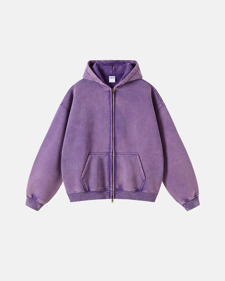 Washed unisex zip-up hoodie with hood and kangaroo pockets