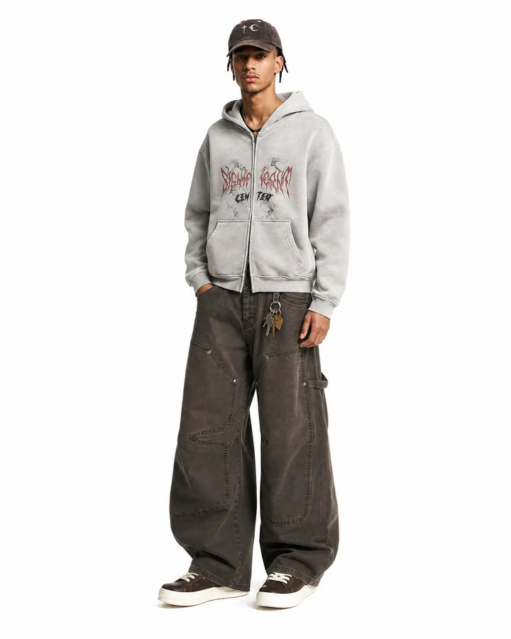 Graphic zip-up hoodie with hood and front pockets