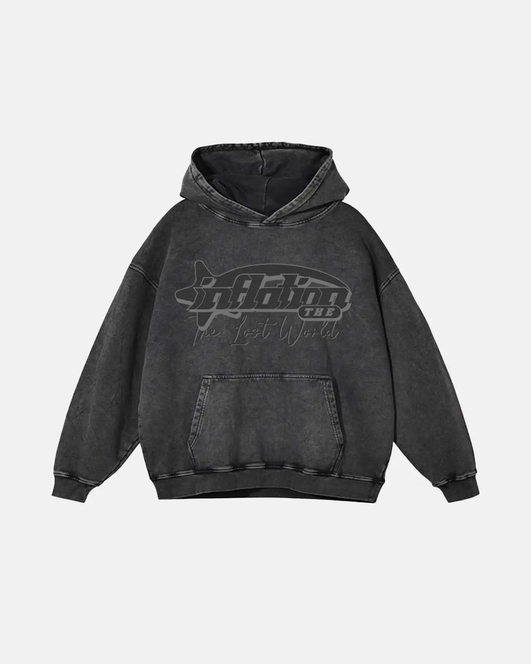 Men's dark grey graphic hoodie with hood, long sleeves and front pouch pocket