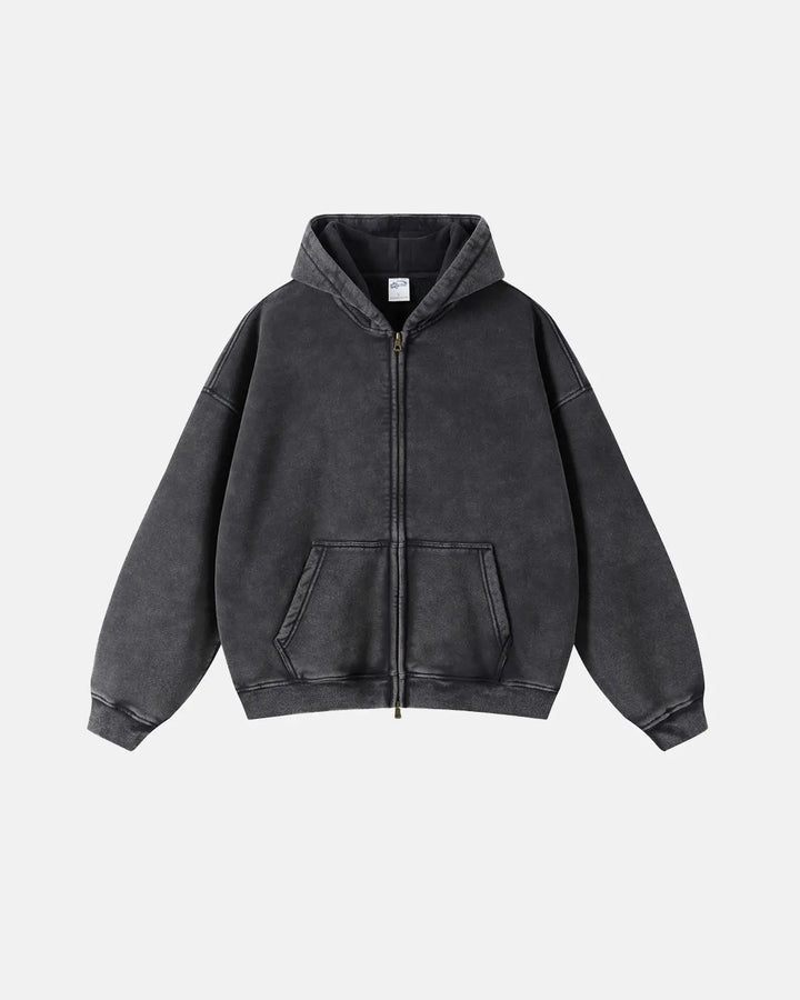Washed unisex zip-up hoodie with hood and kangaroo pockets