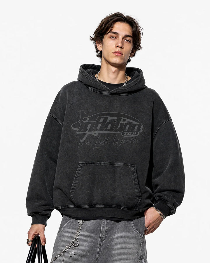 Men's dark grey graphic hoodie with hood, long sleeves and front pouch pocket