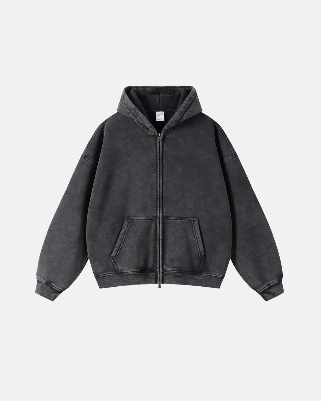 Washed distressed zip-up hoodies with hoods, long sleeves and front pouch pockets