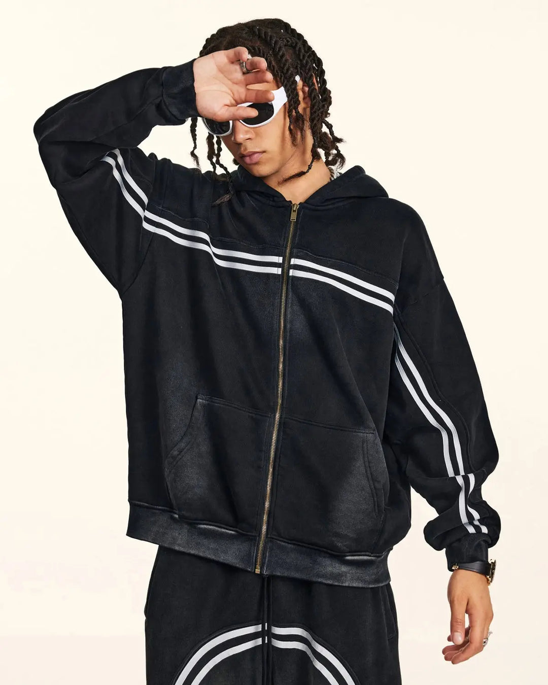 Men's black zip-up hoodie with white chest and sleeve stripes