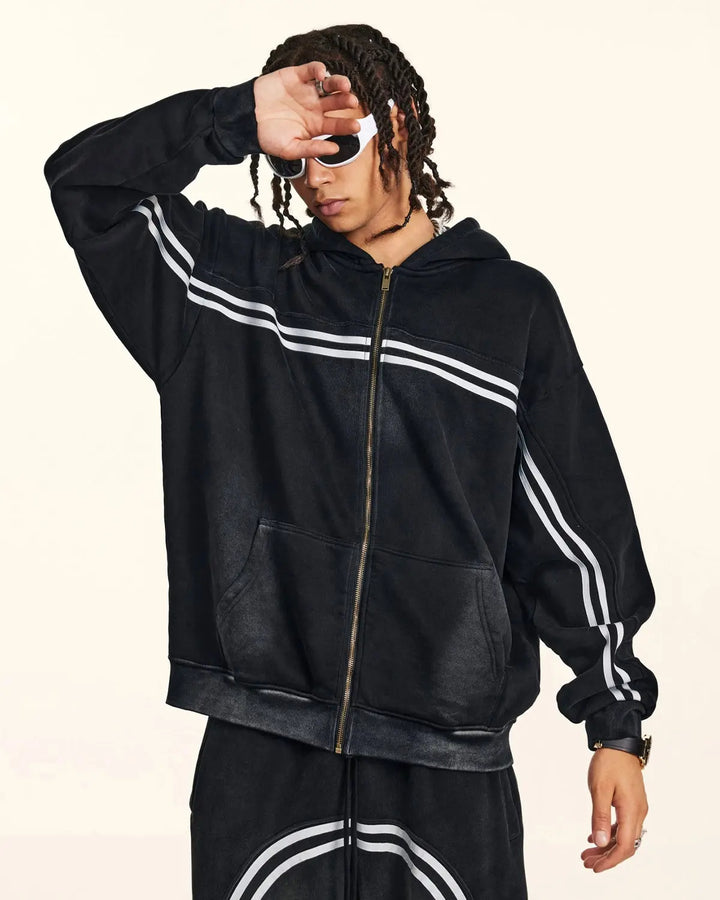 Men's black zip-up hoodie with white chest and sleeve stripes