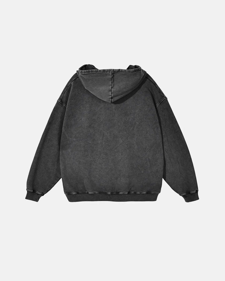 Men's dark grey graphic hoodie with hood, long sleeves and front pouch pocket