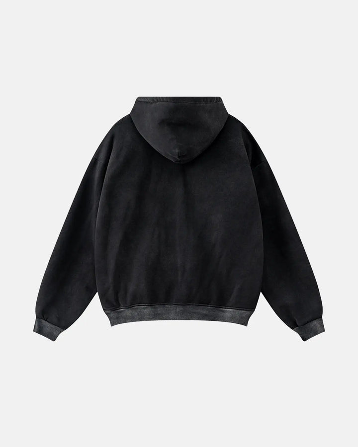 Men's black zip-up hoodie with white chest and sleeve stripes