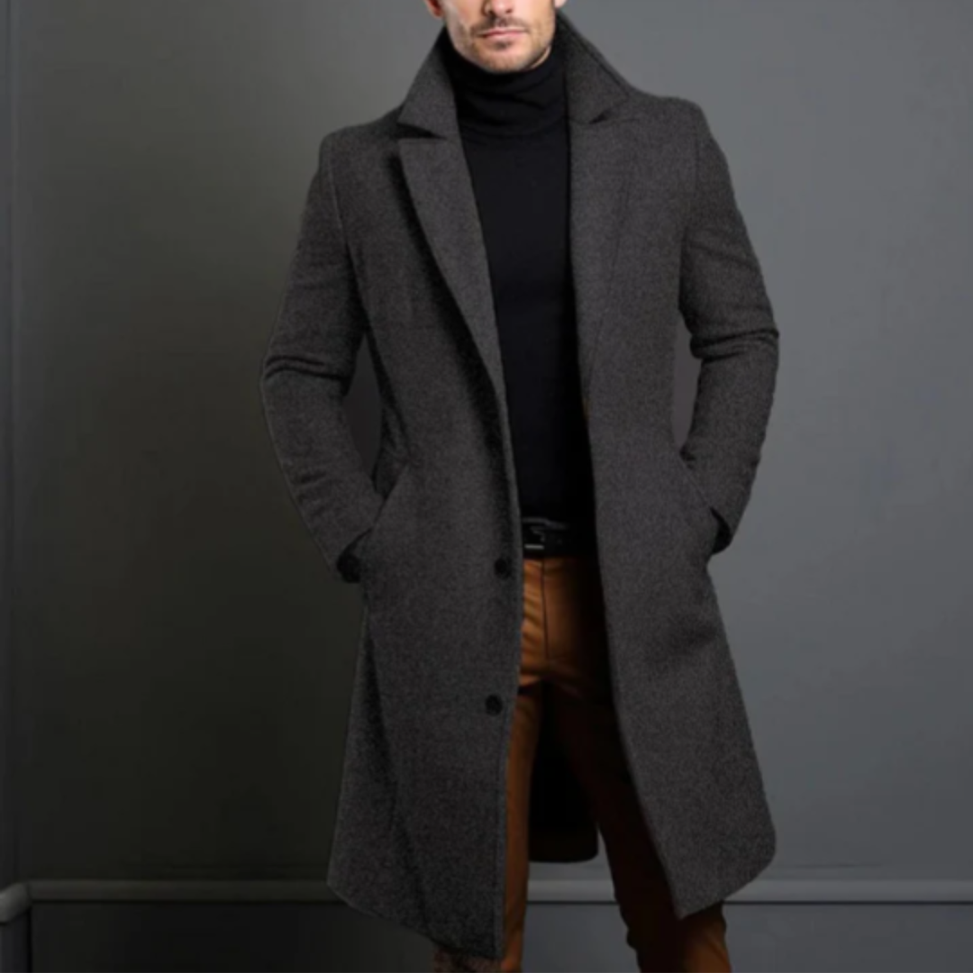 Men's long tailored overcoat with notched lapels, buttons and side pockets