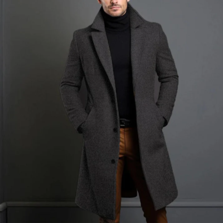 Men's long tailored overcoat with notched lapels, buttons and side pockets