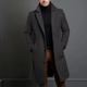 Men's long tailored overcoat with notched lapels, buttons and side pockets