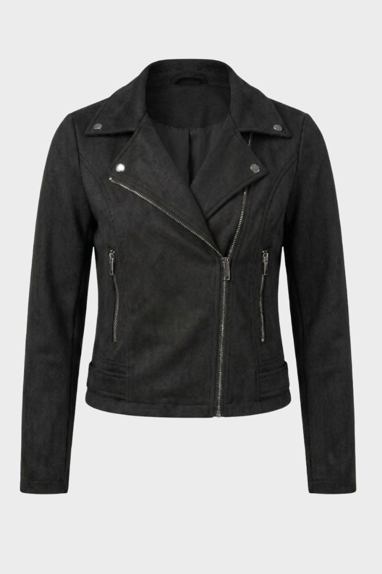 Women's cropped biker jacket with notched lapels, long sleeves and zipped pockets