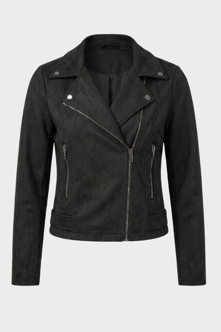 Women's cropped biker jacket with notched lapels, long sleeves and zipped pockets