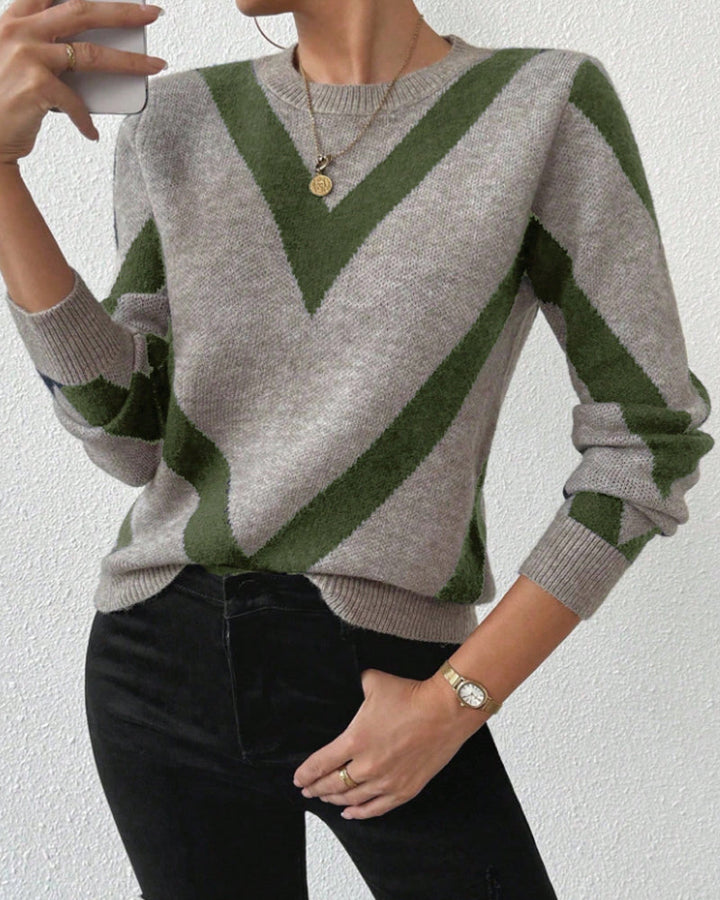 Women's geometric patterned crew neck jumper with long sleeves and ribbed trims