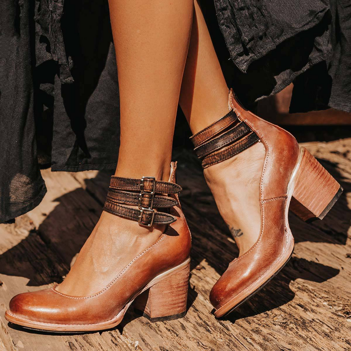 Women's ankle boots with three buckle straps and block heels