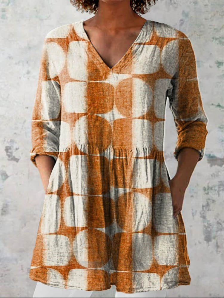 Women's geometric-print cotton-linen V-neck blouse