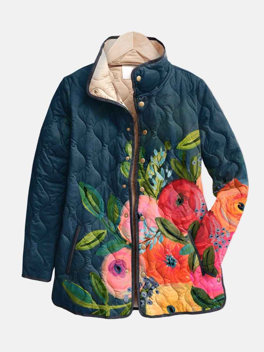 Women's dark blue quilted jacket with multicolor floral print