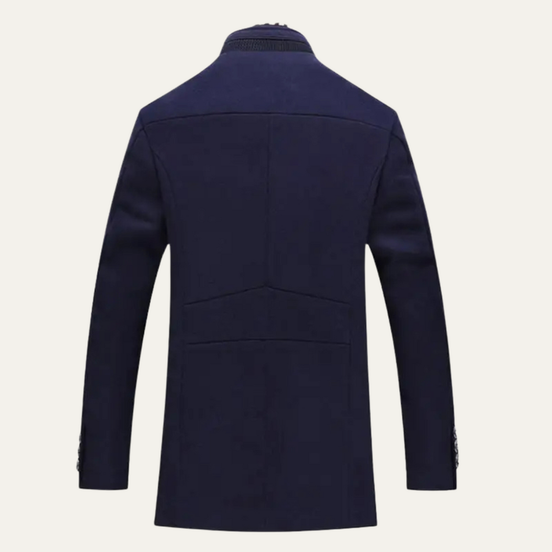 Men's structured stand collar trench coat with button front and long sleeves