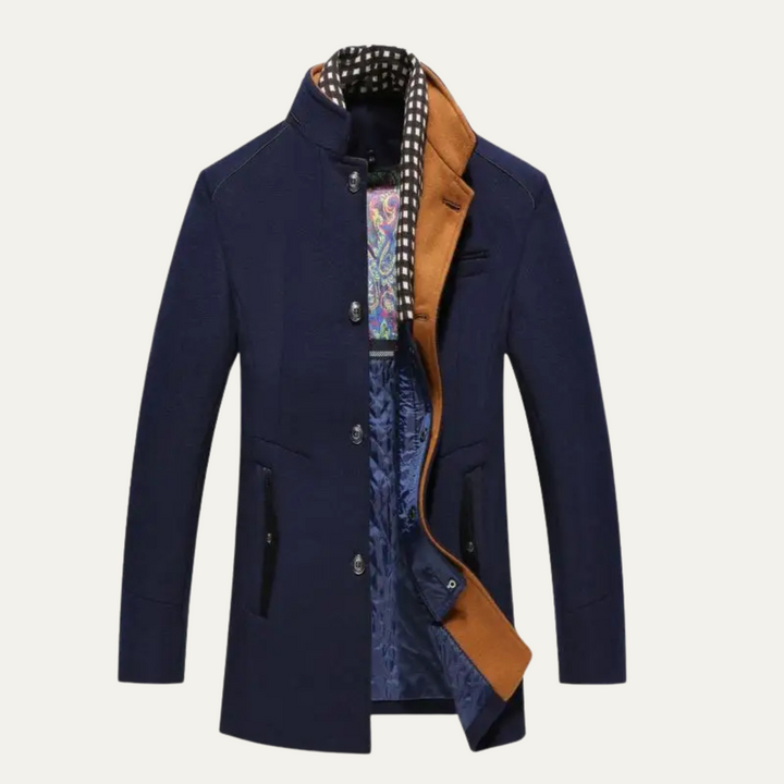 Men's structured stand collar trench coat with button front and long sleeves