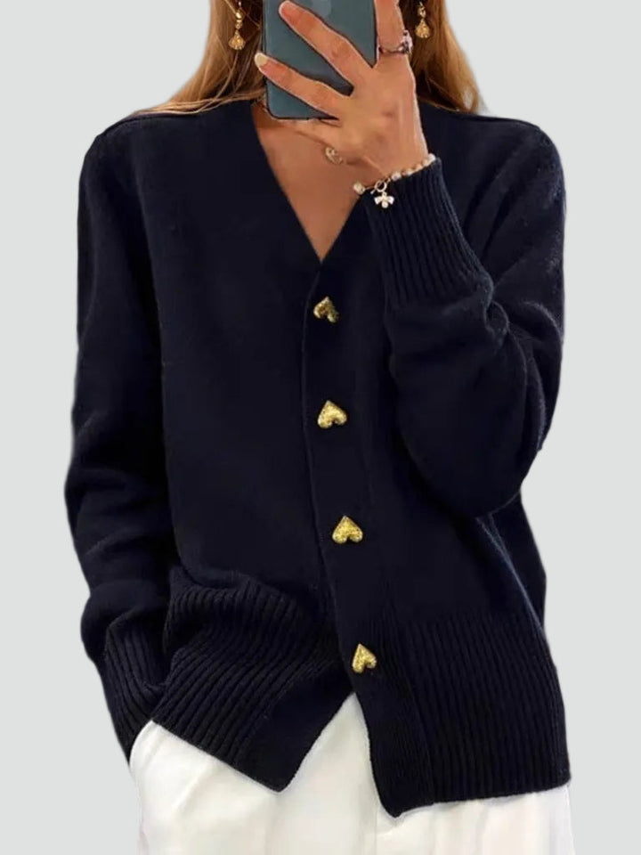 Women's V-neck knitted cardigan with heart-shaped buttons and ribbed trims
