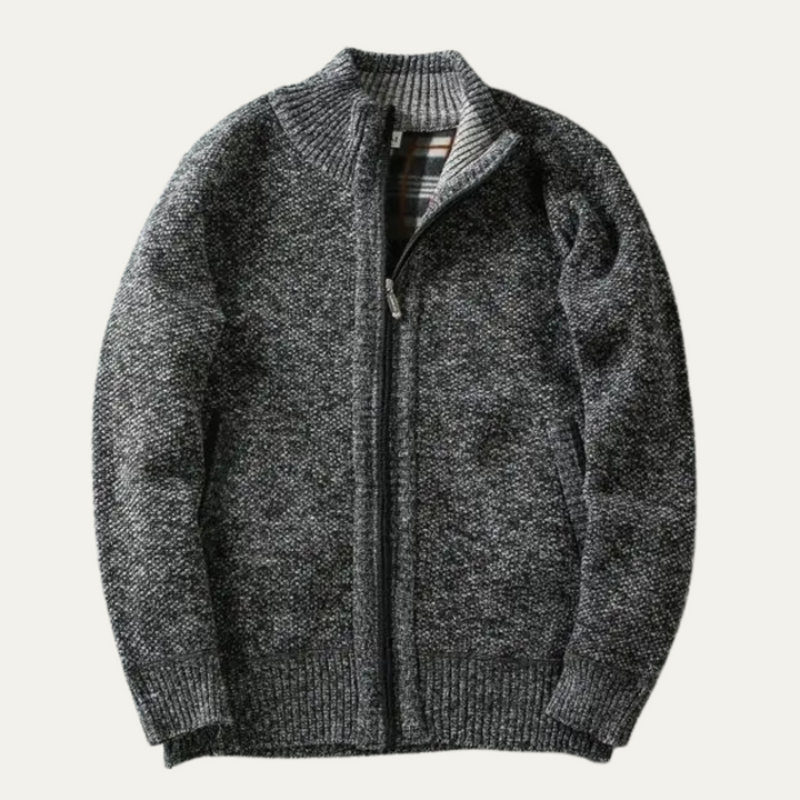 Men's chunky knit zip jacket with mock neck and ribbed trims