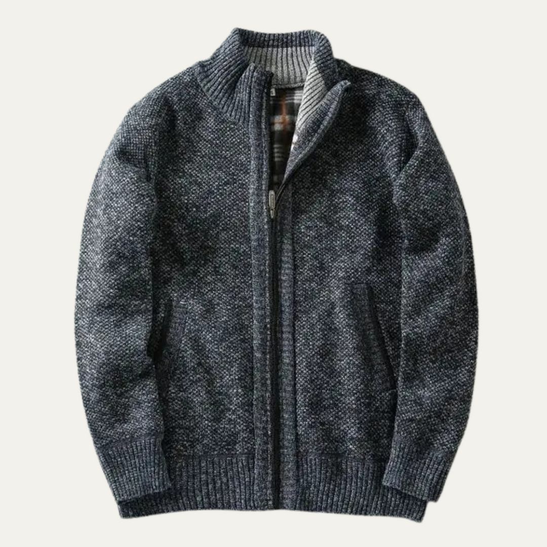 Men's chunky knit zip jacket with mock neck and ribbed trims