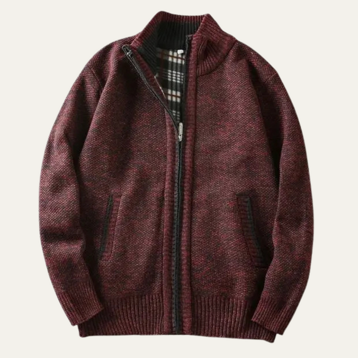 Men's chunky knit zip jacket with mock neck and ribbed trims