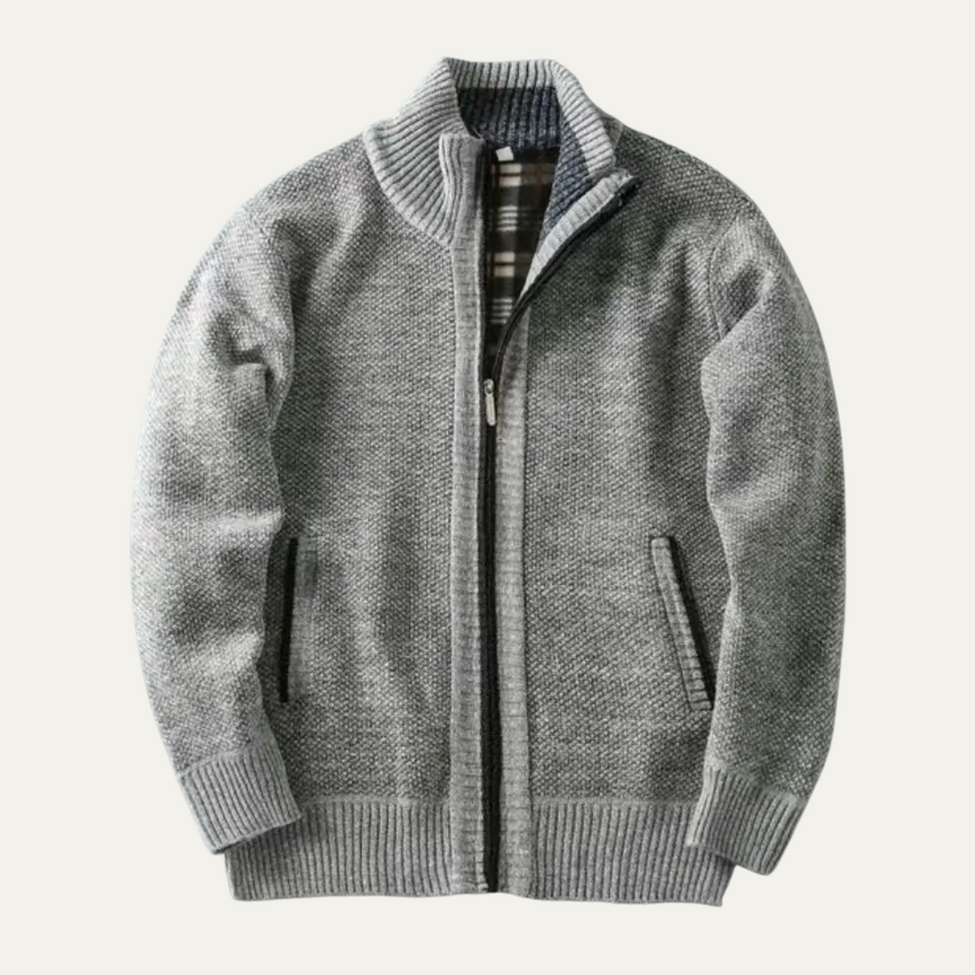 Men's chunky knit zip jacket with mock neck and ribbed trims