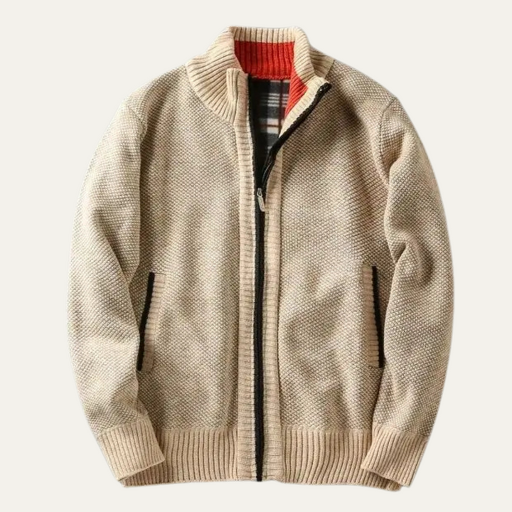 Men's chunky knit zip jacket with mock neck and ribbed trims