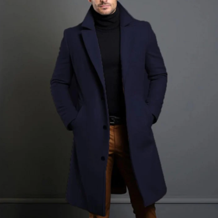 Men's long tailored overcoat with notched lapels, buttons and side pockets