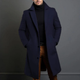 Men's long tailored overcoat with notched lapels, buttons and side pockets