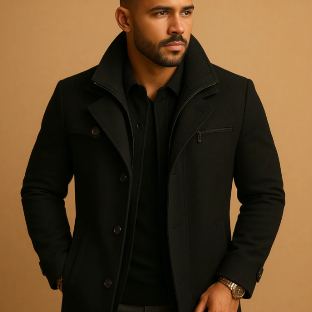 Men's structured winter coat with high collar, button and zip front, chest pocket and adjustable cuffs