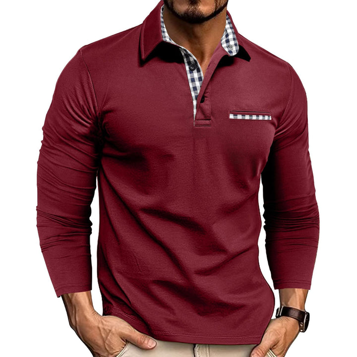 Men's long sleeve polo shirt with checked collar and chest pocket trim