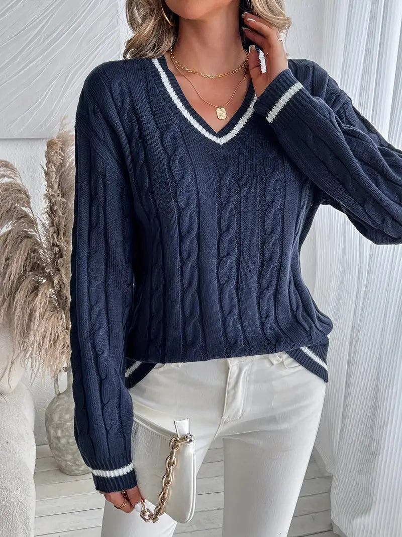 Women's navy cable knit V-neck jumper with white striped trims