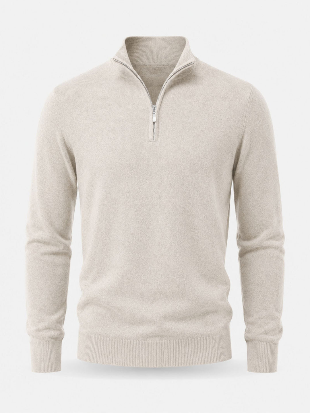 Men's beige crew neck sweater with half-zip and ribbed cuffs