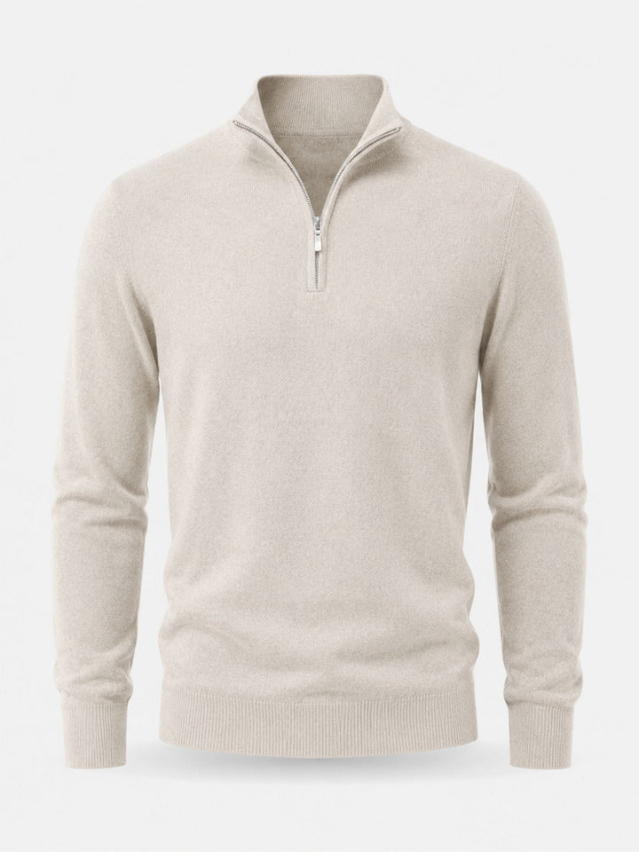 Men's beige crew neck sweater with half-zip and ribbed cuffs