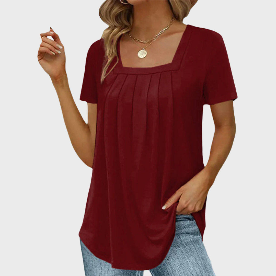 Women's square neck pleated short sleeve blouse in white and green