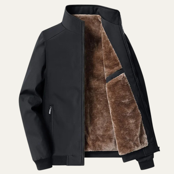 Men's fleece-lined jacket with stand collar and front zipper