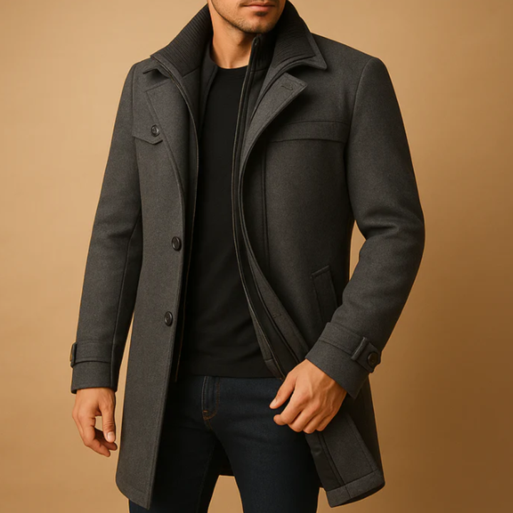 Men's structured winter coat with high collar, button and zip front, chest pocket and adjustable cuffs