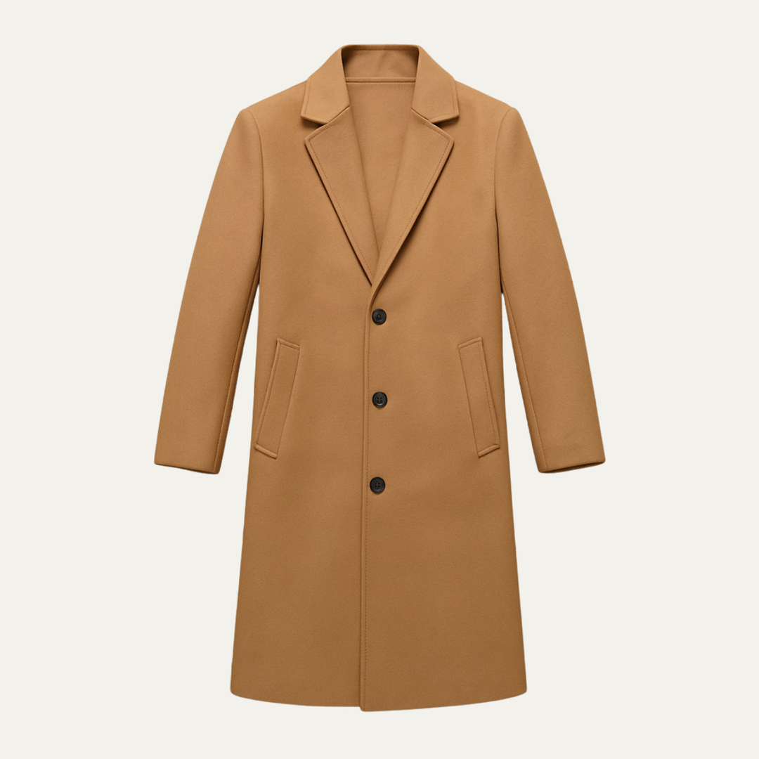 Men's long single-breasted overcoat with notched lapels and button front