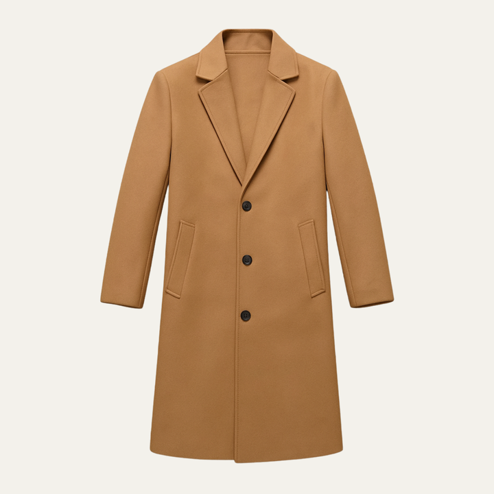 Men's long single-breasted overcoat with notched lapels and button front