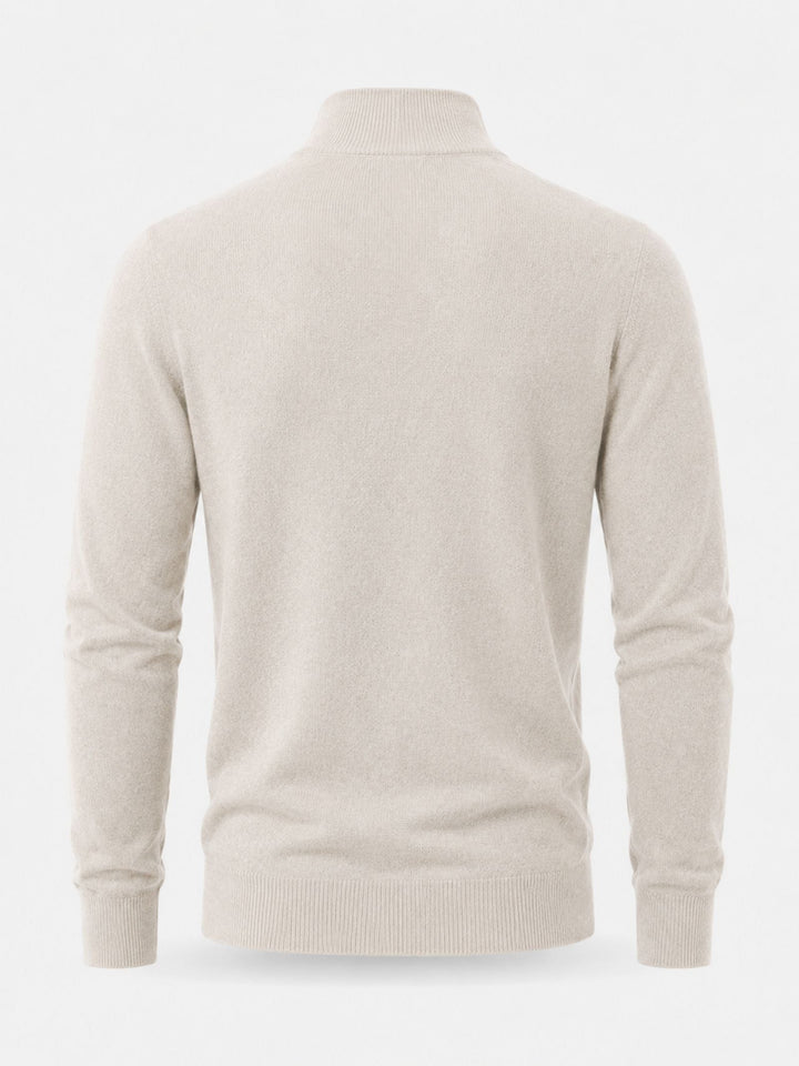 Men's beige crew neck sweater with half-zip and ribbed cuffs