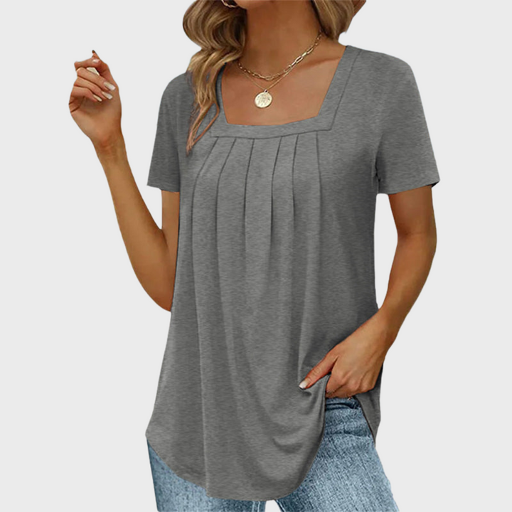 Women's square neck pleated short sleeve blouse in white and green