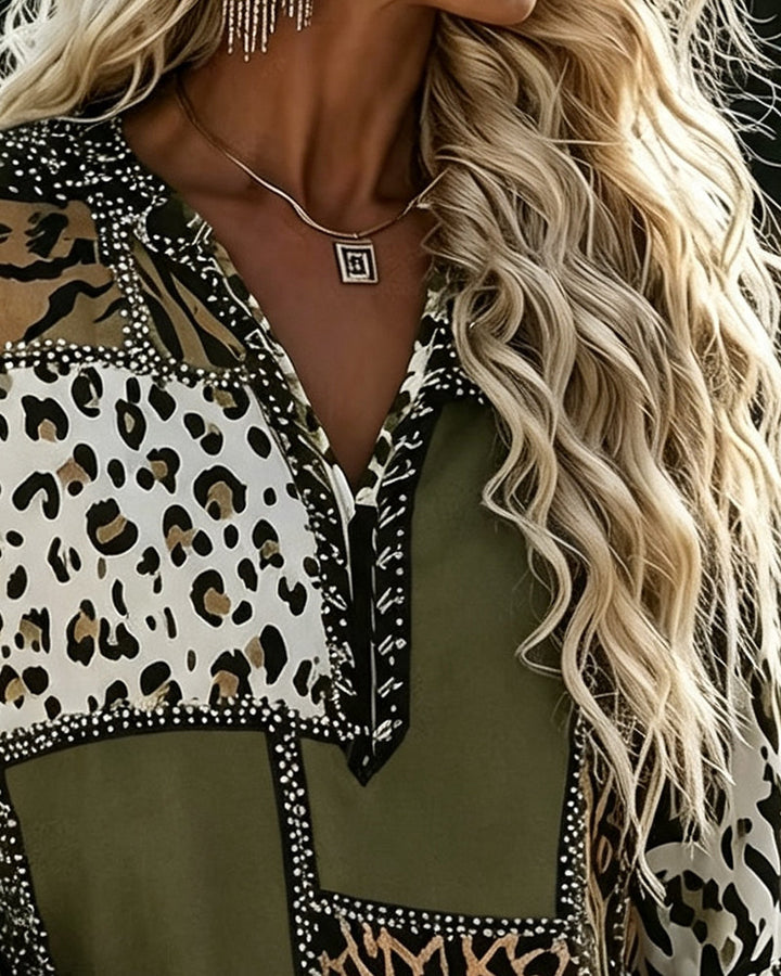 Women's long-sleeve patchwork animal print blouse with V-neckline