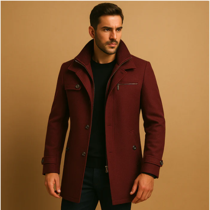 Men's structured winter coat with high collar, button and zip front, chest pocket and adjustable cuffs