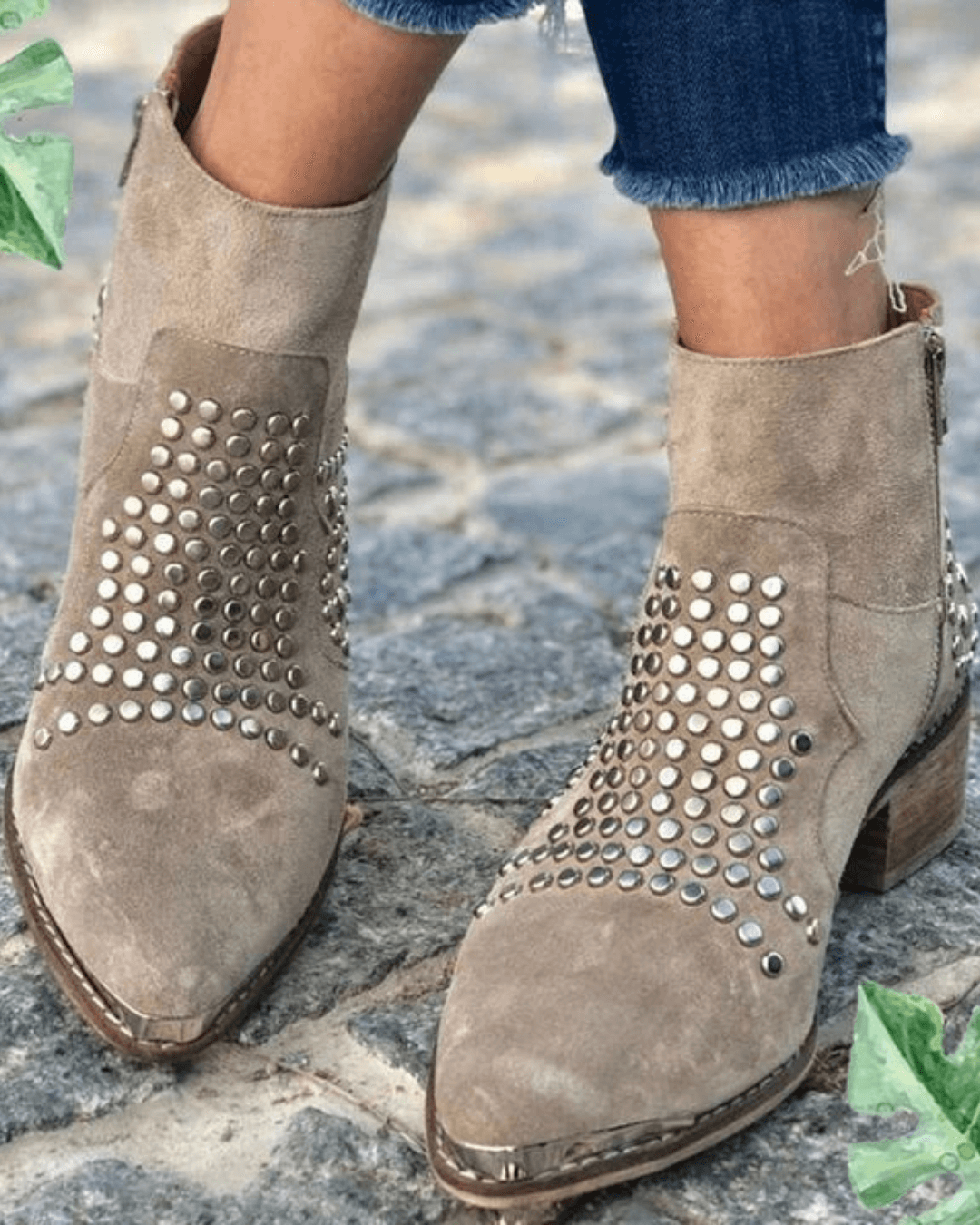 Women's beige ankle boots with metallic studs and mid block heels