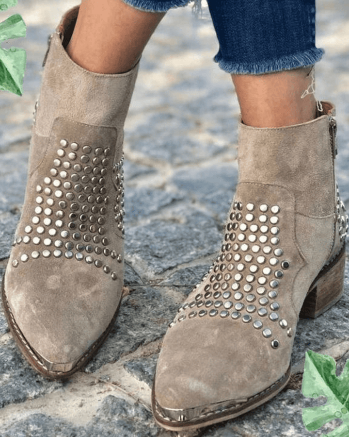 Women's beige ankle boots with metallic studs and mid block heels