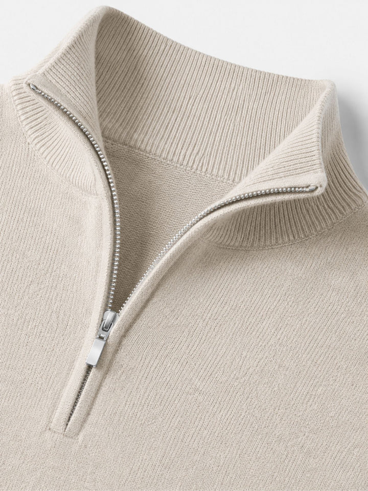 Men's beige crew neck sweater with half-zip and ribbed cuffs