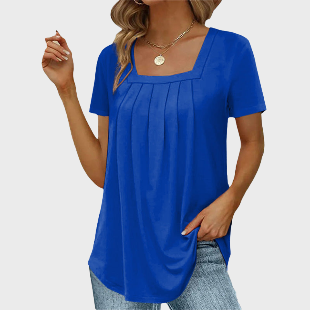 Women's square neck pleated short sleeve blouse in white and green